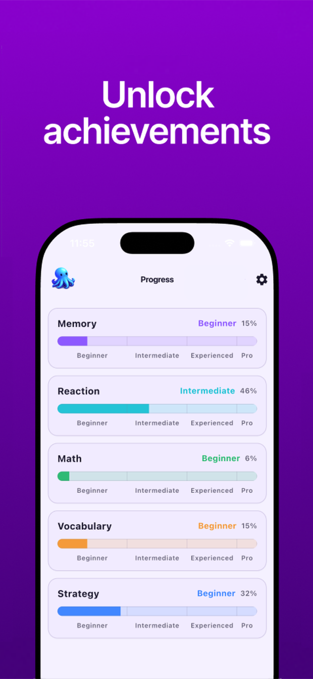 Cognara promotional screen with the octopus mascot and brain training made fun message.